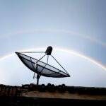 satellite dish on the roof against rainbow sky